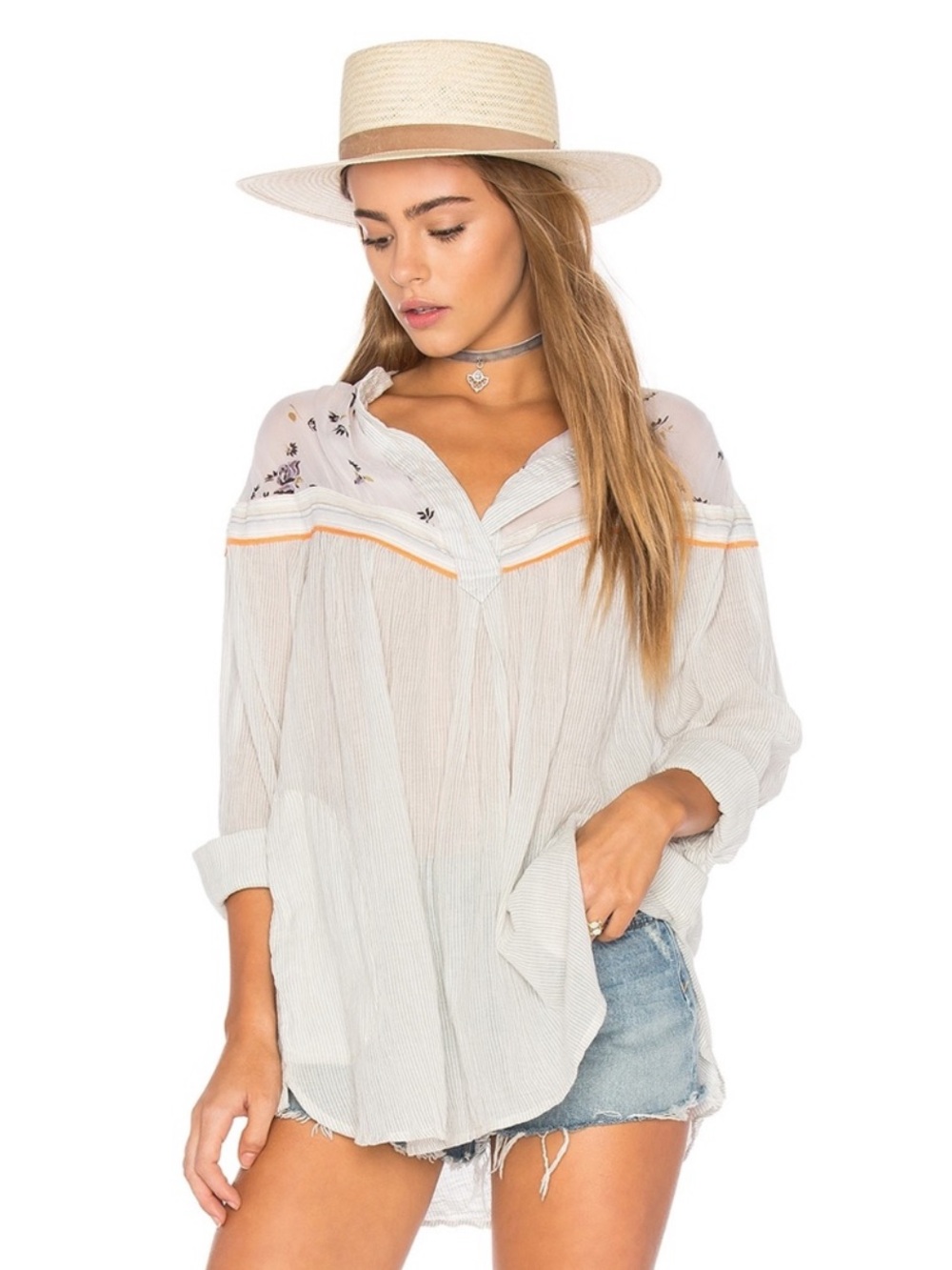 Free People Hearts and Colors Tunic Top Size Medium Stripe Sheer Mixed Media